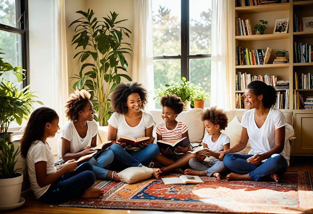 A warm, inviting scene of a diverse group of mothers sharing stories in a cozy, sunlit living room filled with plants and books. Each mother has a unique style and cultural background, sitting on a colorful rug with tea cups and notebooks. The atmosphere exudes support and connection, with soft lighting highlighting their smiles. Include playful children interacting in the background. super-realistic. vibrant colors. warm tones.