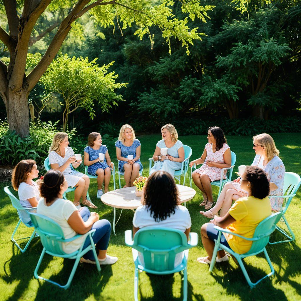A warm and inviting scene depicting a group of diverse mothers sharing candid moments in a sunlit park, with children playing around them. Include elements of laughter, support, and connection, such as a circle of chairs with coffee mugs and shared stories illustrated around. Soft pastel colors to evoke warmth and positivity. super-realistic. vibrant colors. natural setting.