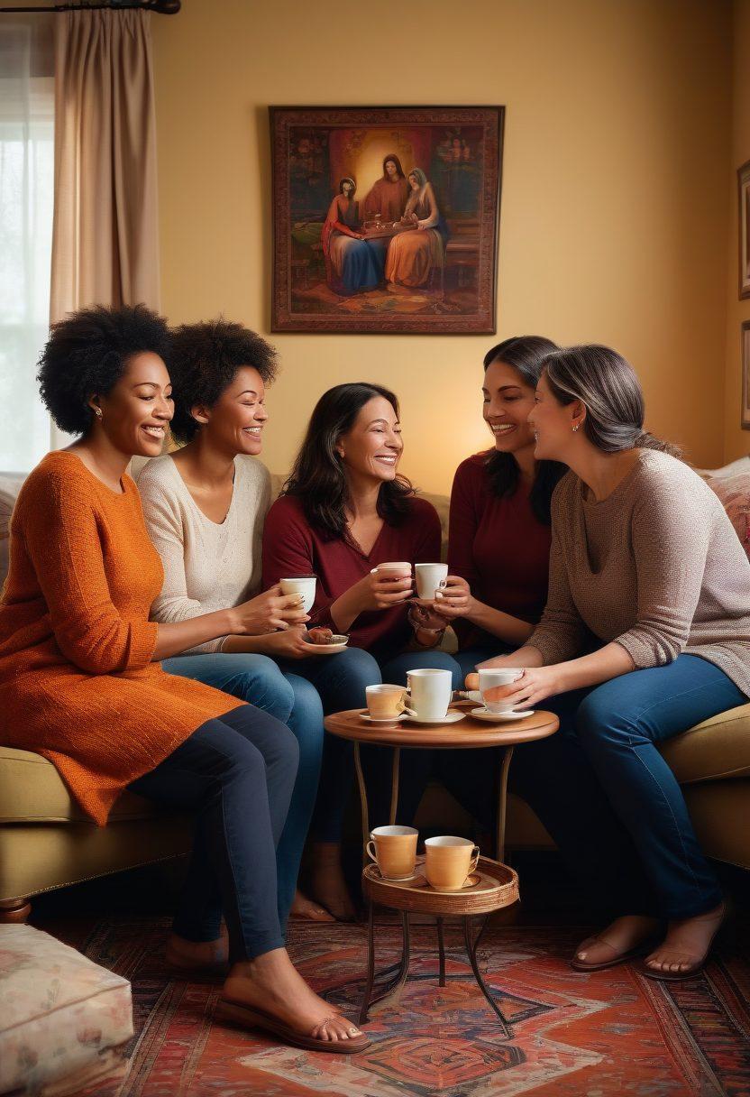 A warm and inviting scene featuring a diverse group of mothers gathered in a cozy living room, sharing stories and laughter over cups of tea. The room is adorned with family photos and soft lighting, creating a sense of intimacy and togetherness. Include a beautiful tapestry on the wall depicting interconnected hands symbolizing unity and strength. The expressions on the mothers' faces reflect joy and empathy. super-realistic. vibrant colors. warm tones.